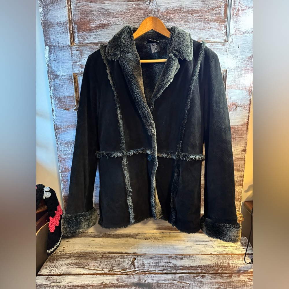 Studio West Dark Teddy Suede Leather Jacket with Light Accents